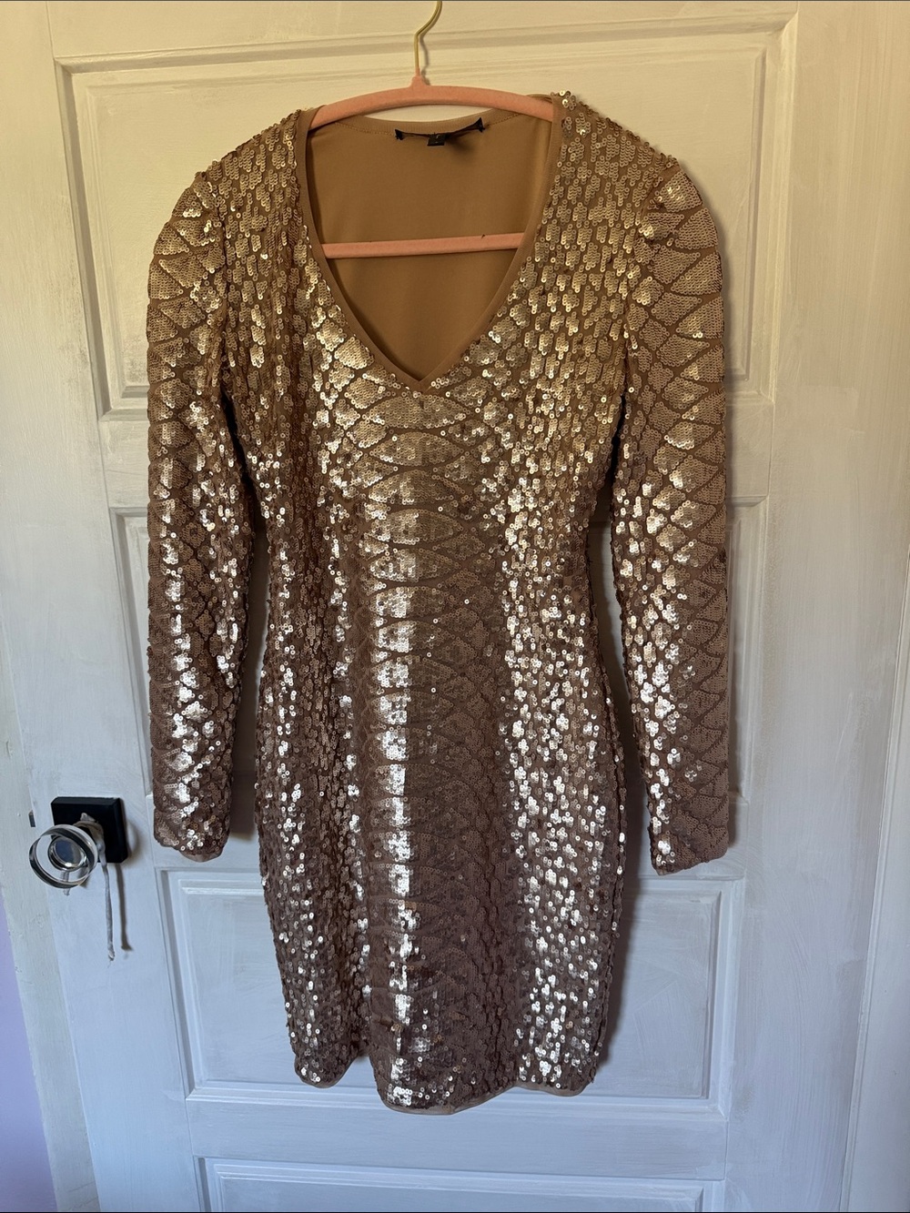 BCBGMaxAzria Rose Gold Long Sleeve Sequin V-Neck Dress